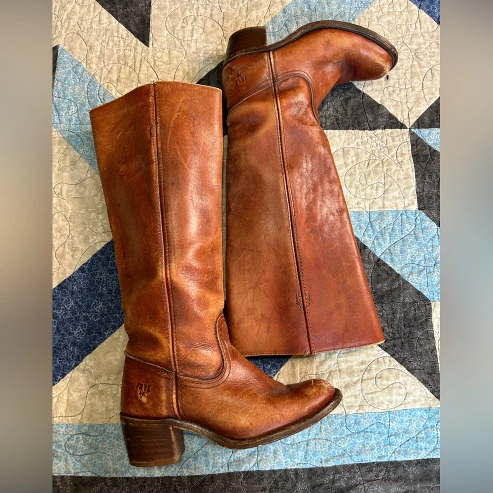 Vintage Frye Cognac Leather Heeled Campus Boots - Picture 1 of 12